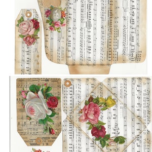 May include: A vintage envelope with a floral design and music sheet background. The envelope is folded into a heart shape and has a small tag attached to it. The tag also has a floral design and music sheet background.