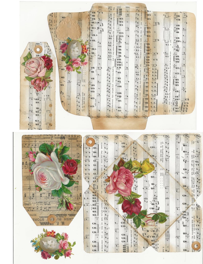 May include: A vintage envelope with a floral design and music sheet background. The envelope is folded into a heart shape and has a small tag attached to it. The tag also has a floral design and music sheet background.