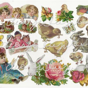 Puede incluir: Una colecci&oacute;n de recortes de papel vintage con tem&aacute;tica de Pascua, que incluyen ni&ntilde;os, conejos, pollitos, mariposas, flores y huevos. Los recortes son de varios colores, incluyendo rosa, azul, amarillo, verde y marr&oacute;n.
