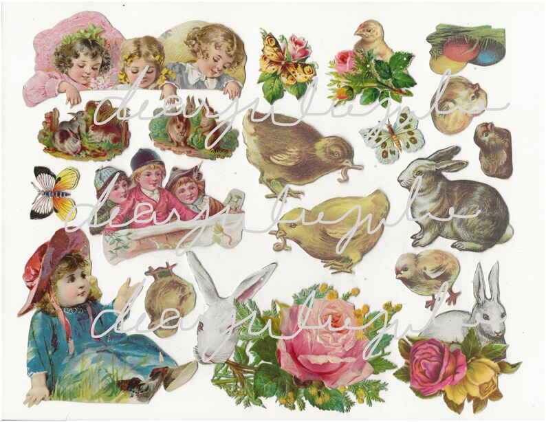 Puede incluir: Una colecci&oacute;n de recortes de papel vintage con tem&aacute;tica de Pascua, que incluyen ni&ntilde;os, conejos, pollitos, mariposas, flores y huevos. Los recortes son de varios colores, incluyendo rosa, azul, amarillo, verde y marr&oacute;n.