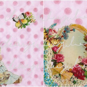 Puede incluir: Un fondo rosa con lunares blancos presenta un dise&ntilde;o floral vintage con una mariposa y una ni&ntilde;a que sostiene un pollito. El dise&ntilde;o floral incluye rosas, nomeolvides y otras flores.