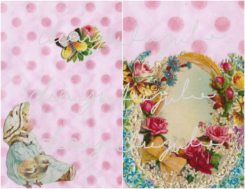Puede incluir: Un fondo rosa con lunares blancos presenta un dise&ntilde;o floral vintage con una mariposa y una ni&ntilde;a que sostiene un pollito. El dise&ntilde;o floral incluye rosas, nomeolvides y otras flores.