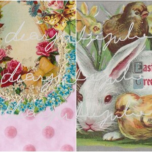 Puede incluir: Tarjeta de Pascua vintage con un conejo blanco con orejas rosas y un pollito amarillo. La tarjeta tiene un fondo plateado con un dise&ntilde;o floral y el texto "Easter Greetings".