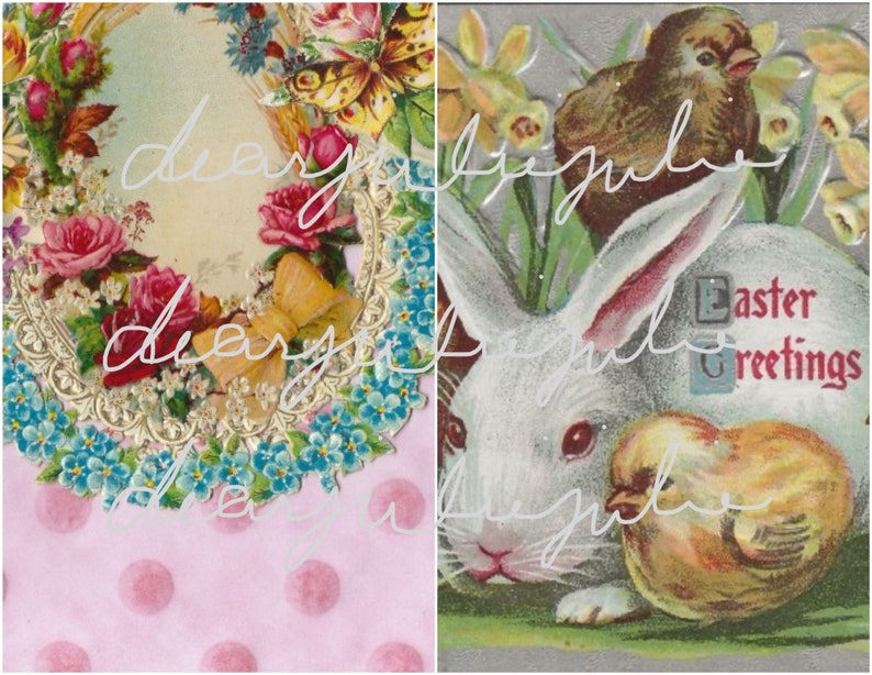 Puede incluir: Tarjeta de Pascua vintage con un conejo blanco con orejas rosas y un pollito amarillo. La tarjeta tiene un fondo plateado con un dise&ntilde;o floral y el texto "Easter Greetings".
