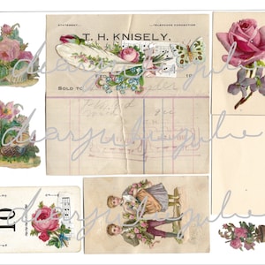 Digital - Pink Antique ephemera kit numérique ~ Cartes postales antiques numériques, images, reçus et enveloppes, journaux junk, cardmaking,