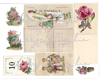 Digital - Pink Antique ephemera digital kit ~ Digital Antique Postcards, images, receipts and envelopes, Junk journals, cardmaking,