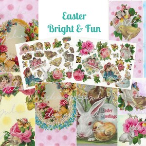 Puede incluir: Un collage digital de im&aacute;genes con tem&aacute;tica de Pascua, que incluye conejos, pollitos, flores y cestas. El collage est&aacute; en un esquema de color pastel con acentos de rosa, azul y amarillo. El texto "Easter Bright & Fun" se muestra en la parte superior del collage.