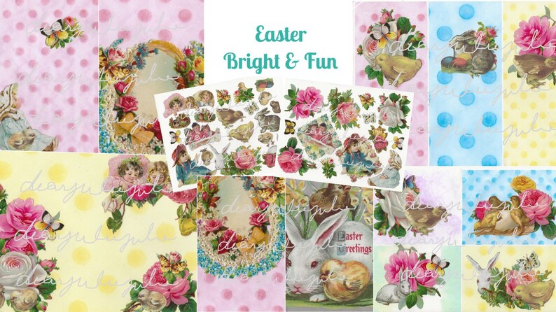 Puede incluir: Un collage digital de im&aacute;genes con tem&aacute;tica de Pascua, que incluye conejos, pollitos, flores y cestas. El collage est&aacute; en un esquema de color pastel con acentos de rosa, azul y amarillo. El texto "Easter Bright & Fun" se muestra en la parte superior del collage.