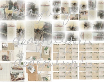May include: A collection of vintage postcards featuring images of boats, trains, and other transportation. The postcards are in various shades of brown, white, and black. Some of the postcards have handwritten messages on the back.