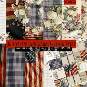 Puede incluir: Un kit digital titulado Americana Hydrangea Pages and Ephemera Kit que incluye páginas, un mini kit de diario, fanzine, postales, billetera y etiquetas. Los diseños incluyen patrones de banderas estadounidenses, texturas de cuadros y hortensias blancas.
