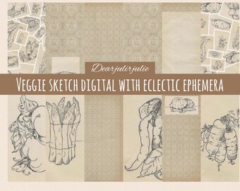 May include: Digital collage featuring sketches of various vegetables, including asparagus, carrots, and a pumpkin. The design incorporates a neutral color palette with a brown banner that reads "Veggie Sketch Digital with Eclectic Ephemera" and the name "Dearjulirjulie".