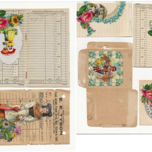 Op de afbeelding: Een verzameling vintage ephemera, waaronder een klein doosje met een bloemenmotief, een kaart met een bloemenmotief en een meisje dat een paraplu vasthoudt, een kaart met een bloemenmotief en een meisje dat een mand vasthoudt, en een kaart met een bloemenmotief en een meisje dat een mand vasthoudt. De kaarten zijn allemaal op een witte achtergrond.