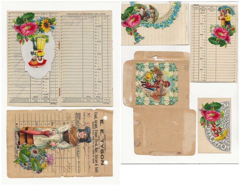 Op de afbeelding: Een verzameling vintage ephemera, waaronder een klein doosje met een bloemenmotief, een kaart met een bloemenmotief en een meisje dat een paraplu vasthoudt, een kaart met een bloemenmotief en een meisje dat een mand vasthoudt, en een kaart met een bloemenmotief en een meisje dat een mand vasthoudt. De kaarten zijn allemaal op een witte achtergrond.