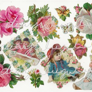 Puede incluir: Ef&iacute;mera de papel vintage con im&aacute;genes de rosas rosas y blancas, mariposas y ni&ntilde;os. Los ni&ntilde;os llevan sombreros y sostienen flores. La ef&iacute;mera es perfecta para scrapbooking, creaci&oacute;n de tarjetas u otros proyectos de manualidades.