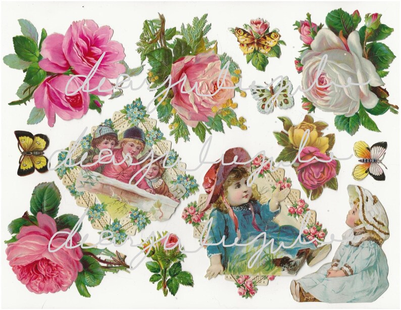Puede incluir: Ef&iacute;mera de papel vintage con im&aacute;genes de rosas rosas y blancas, mariposas y ni&ntilde;os. Los ni&ntilde;os llevan sombreros y sostienen flores. La ef&iacute;mera es perfecta para scrapbooking, creaci&oacute;n de tarjetas u otros proyectos de manualidades.