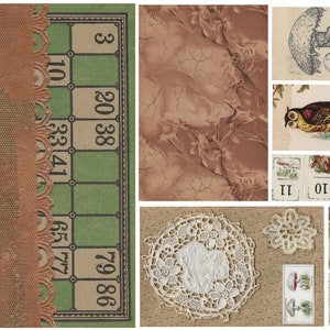 Peut inclure: Un collage d'images vintage comprenant un plateau de jeu vert et marron avec des num&eacute;ros, un papier marbr&eacute; brun, une dentelle blanche, une illustration de champignon, une illustration de hibou et un timbre-poste avec le portrait d'une femme.