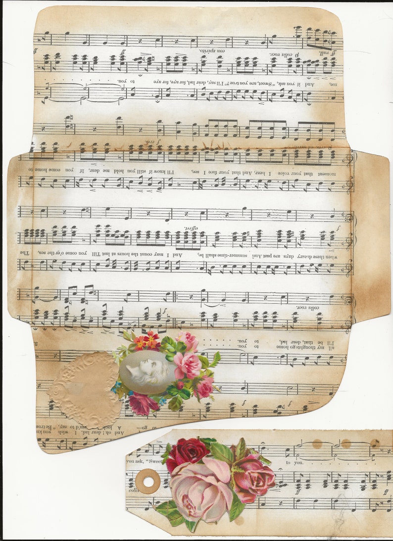 May include: Vintage music sheet with a floral design featuring roses and a cameo. The sheet music has the words "colla voce" and "con spirito" printed on it. The text on the sheet music reads "all my thoughts go home to you, I'll be that dear lad, when these dreary days are past and summer-time shall be, And I may count the hours at last Till you come o'er the sea. The moment that your voice I hear, And that your face I see, I'll know if still you hold me dear, If you come home to me. And if you ask, "Sweet, are you true?" I'll say, dear lad, for aye, for aye"