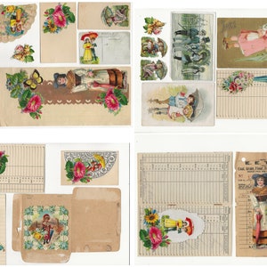 Op de afbeelding: Een verzameling vintage ephemera, waaronder een waaier, ansichtkaarten en een kwitantie. De afbeeldingen tonen kinderen, bloemen en verschillende andere ontwerpen. De ephemera is in verschillende tinten roze, blauw, groen en geel.