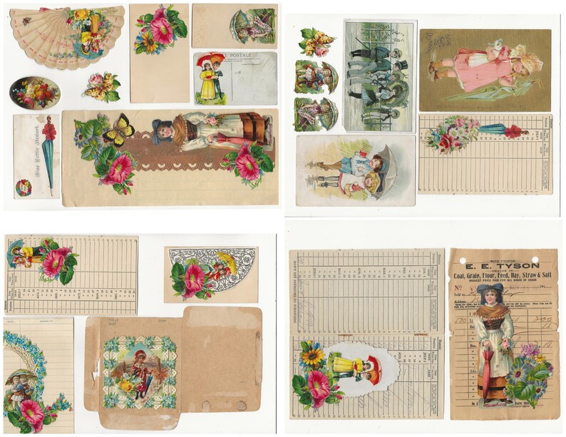 Op de afbeelding: Een verzameling vintage ephemera, waaronder een waaier, ansichtkaarten en een kwitantie. De afbeeldingen tonen kinderen, bloemen en verschillende andere ontwerpen. De ephemera is in verschillende tinten roze, blauw, groen en geel.