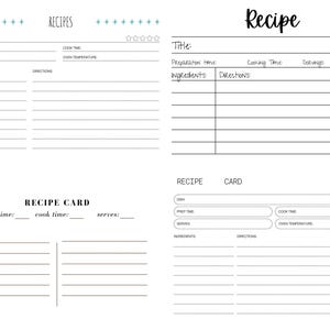 May include: A white recipe card and recipe pages with black text. The pages include sections for dish, prep time, cook time, ingredients, and directions. The word "Recipes" and "Recipe" are written at the top of the pages.