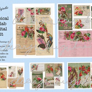 May include: A digital kit with a tropical theme, featuring vintage ephemera. The collage includes images of parrots, flamingos, flowers, and postage stamps. The text reads "Tropical Collab Digital Kit" and invites viewers to join for Flamingo Fridays.
