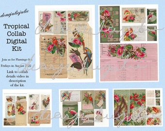 Digital - Tropical 5 day collab digital ephemera kit- Flamingos, parrots, shells, summer - antique images journal ephemera digital kit