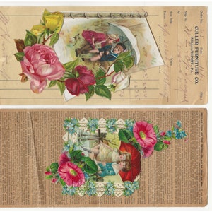 Op de afbeelding: Twee vintage ansichtkaarten met bloemversieringen. De bovenste ansichtkaart toont een stel onder een paraplu met een rand van gele, rode en roze rozen. De onderste ansichtkaart toont een stel onder een paraplu met een rand van rode, roze en blauwe bloemen.