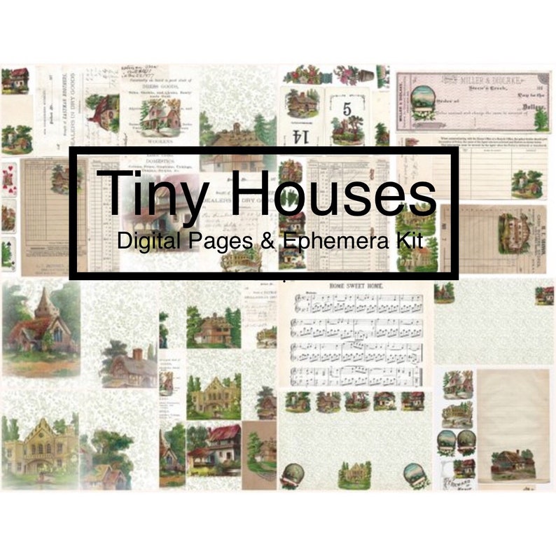 Digital Delux Tiny Houses pages & ephemera digital kit. Antique lmages for junk journals, card making and paper crafting image 2