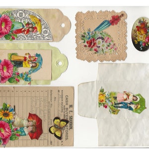 Op de afbeelding: Een verzameling vintage papieren ephemera met bloemmotieven, waaronder een kaart met een vlinder, een kaart met een stel onder een paraplu en een kaart met een bloemmotief. De tekst op de kaart luidt "M. E. Shannon, Cash Buyer Stores, Shannon Building, N.Y."
