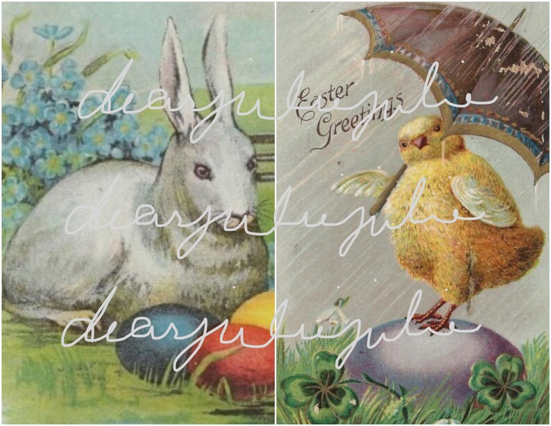 Puede incluir: Postal vintage de Pascua con un conejo blanco sentado en un lecho de flores azules y un pollito amarillo sosteniendo un paraguas sobre un huevo morado grande.