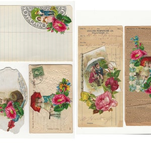 Op de afbeelding: Een verzameling vintage ansichtkaarten met kinderen, bloemen en een schelp. De ansichtkaarten zijn gedrukt op papier met een gestructureerd oppervlak en hebben een vervaagde, antieke uitstraling. De afbeeldingen zijn kleurrijk en gedetailleerd, met een eigenzinnige en nostalgische sfeer.