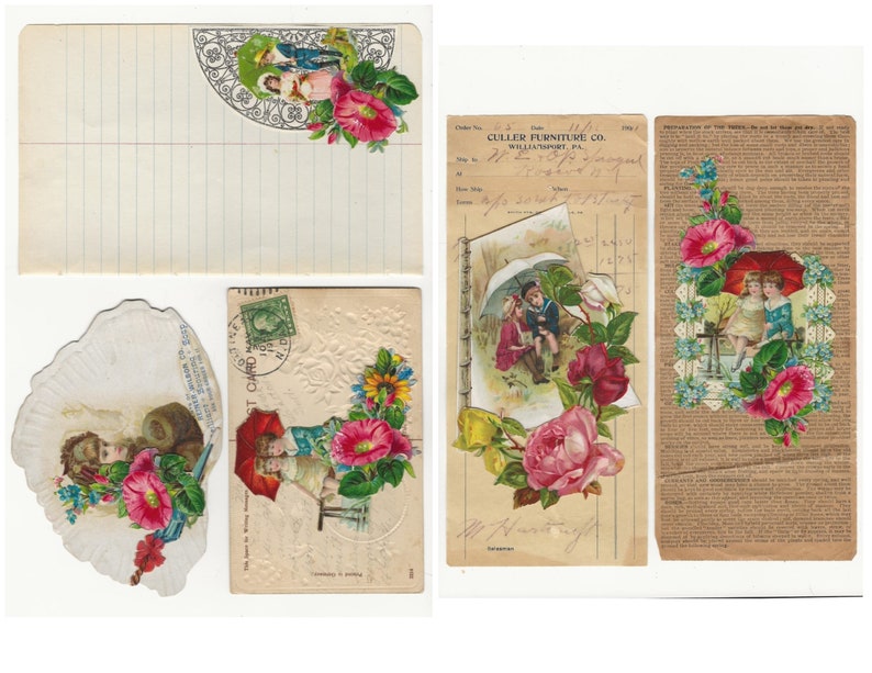 Op de afbeelding: Een verzameling vintage ansichtkaarten met kinderen, bloemen en een schelp. De ansichtkaarten zijn gedrukt op papier met een gestructureerd oppervlak en hebben een vervaagde, antieke uitstraling. De afbeeldingen zijn kleurrijk en gedetailleerd, met een eigenzinnige en nostalgische sfeer.