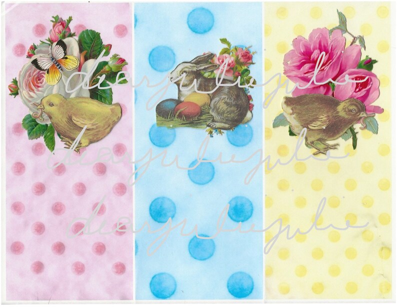 Puede incluir: Tres paneles de color pastel con lunares blancos. Cada panel presenta una imagen diferente con tem&aacute;tica de Pascua: un pollito amarillo con una mariposa, un conejo marr&oacute;n con huevos de Pascua y un pollito marr&oacute;n con una rosa rosa.