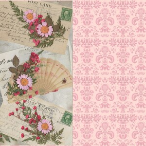 K&ouml;nnte beinhalten: Vintage-Postkarten mit handgeschriebenen Nachrichten und gepressten Blumen. Die Postkarten sind mit getrockneten Blumen und Bl&auml;ttern verziert, darunter rosa und wei&szlig;e G&auml;nsebl&uuml;mchen, gr&uuml;ne Bl&auml;tter und kleine rote Beeren. Die Postkarten liegen auf einer Marmorfl&auml;che.