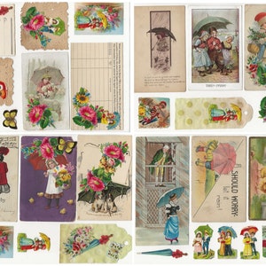 Op de afbeelding: Een verzameling vintage ansichtkaarten met kinderen met paraplu's, bloemen en vlinders. De ansichtkaarten zijn in verschillende kleuren en stijlen, sommige met tekst zoals "Should Worry" en "In the sweet by and by".