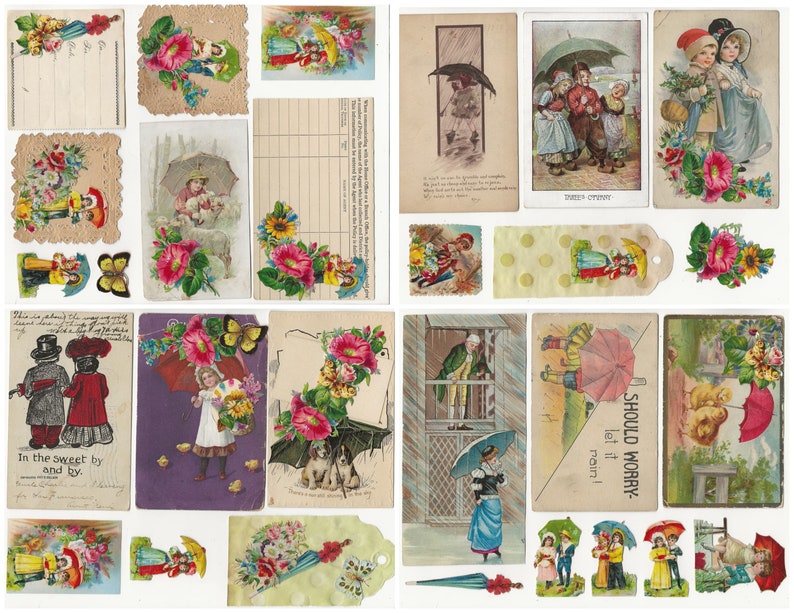 Op de afbeelding: Een verzameling vintage ansichtkaarten met kinderen met paraplu's, bloemen en vlinders. De ansichtkaarten zijn in verschillende kleuren en stijlen, sommige met tekst zoals "Should Worry" en "In the sweet by and by".