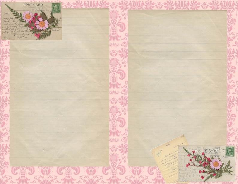 K&ouml;nnte beinhalten: Eine Postkarte im Vintage-Stil mit einem rosafarbenen Blumendesign und liniertem Papier. Die Postkarte hat einen rosafarbenen Blumenstempel und die Worte "POST CARD" sind darauf gedruckt.