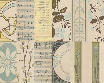 May include: A collage of vintage paper scraps with a musical score, floral patterns, and illustrations of a horse and rider, a plate, and gardening tools. The paper scraps are in shades of blue, brown, green, and yellow.