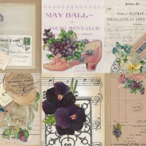 May include: A collage of vintage ephemera, including a postcard, a sheet of music, a receipt, and a paper with the text "MAY BALL" and "YOUNG MEN'S CLUB". The collage features floral motifs, including pansies and forget-me-nots, and a pink shoe.