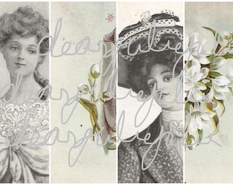 May include: Two vintage black and white photographs of women. The woman on the left is wearing a lace top and a bow. The woman on the right is wearing a hat with a black and white pattern and a coat. The background of the images is a light gray.