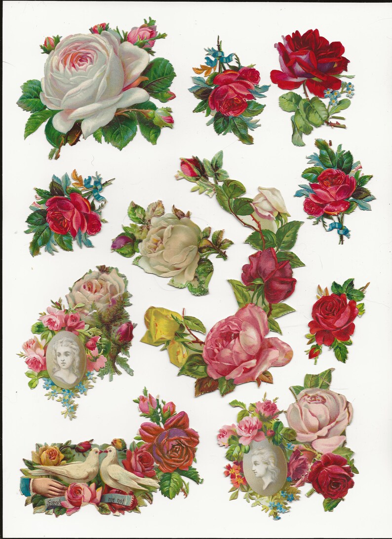 May include: A collection of vintage paper roses in various shades of pink, red, and white. The roses are arranged in bouquets and individual blooms, with some featuring delicate green leaves and stems. The roses are perfect for scrapbooking, card making, or other craft projects.