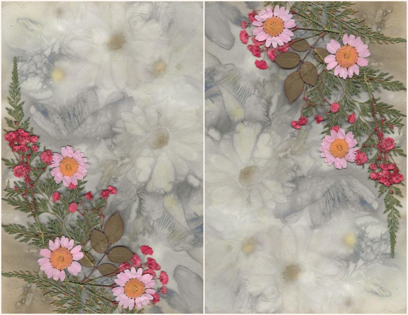 K&ouml;nnte beinhalten: Ein Hintergrund im Vintage-Stil mit einem verblassten Blumenmuster. Der Hintergrund ist mit gepressten rosa Bl&uuml;ten und gr&uuml;nen Bl&auml;ttern verziert, was eine zarte und romantische &Auml;sthetik erzeugt.