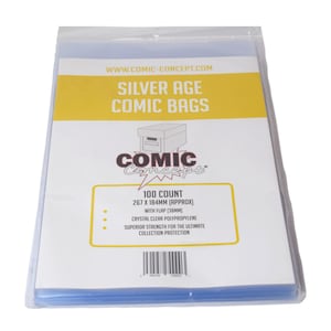 Puede incluir: Bolsas transparentes para cómics. El embalaje presenta el texto "SILVER AGE COMIC BAGS" y "COMIC CONCEPT". Las dimensiones de las bolsas son de aproximadamente 26,7 x 18,4 cm, con solapa. Contiene 100 bolsas.