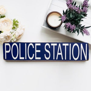 Police Station, police blue and white Elegant, beautiful, home decor plaque new home, hobbies, housewarming, bedroom,man cave sign rustic.