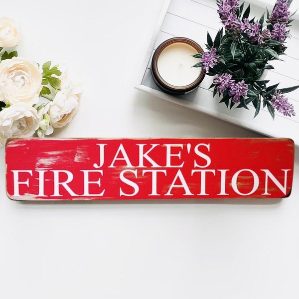 PERSONALISED Firestation sign red and white rustic beautiful, home decor plaque new home,craft room, housewarming, bedroom,fire fighters