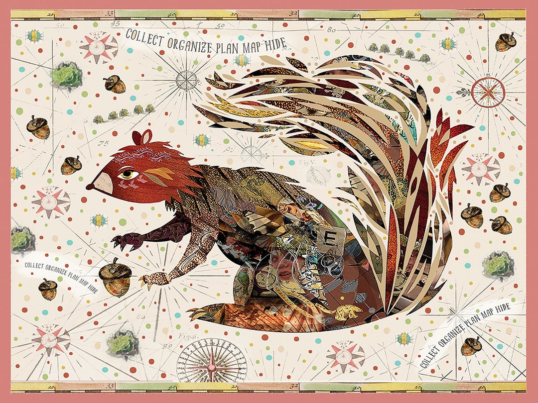 Squirrels Treasure Map Original Digital Collage Archival Paper Artist