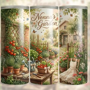 May include: A decorative tumbler featuring a watercolor illustration of a garden scene. The design includes the text "Nonna's Garden", tomatoes, flowers, a small house, and butterflies. The tumbler has a white background.