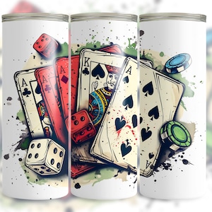 Poker Tumbler Wrap, 20 oz Skinny Sublimation Design, Playing Cards, Dice, and Chips Digital Download, Casino-Themed Gift for Gamers