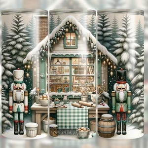 May include: A festive tumbler design featuring a winter scene with a snow-covered cottage, pine trees, and two nutcracker figures. The cottage has a window with a display of baked goods. The tumbler is decorated with a winter theme.