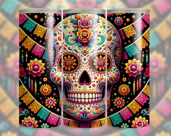 May include: Three insulated tumblers with a Day of the Dead sugar skull design. The skull is decorated with colourful flowers, dots, and patterns. The background is black with colourful papel picado banners.